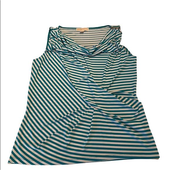 Michael Kors Teal White Stripe Drapery Knotted Waist Size Large Blouse - Picture 8 of 8